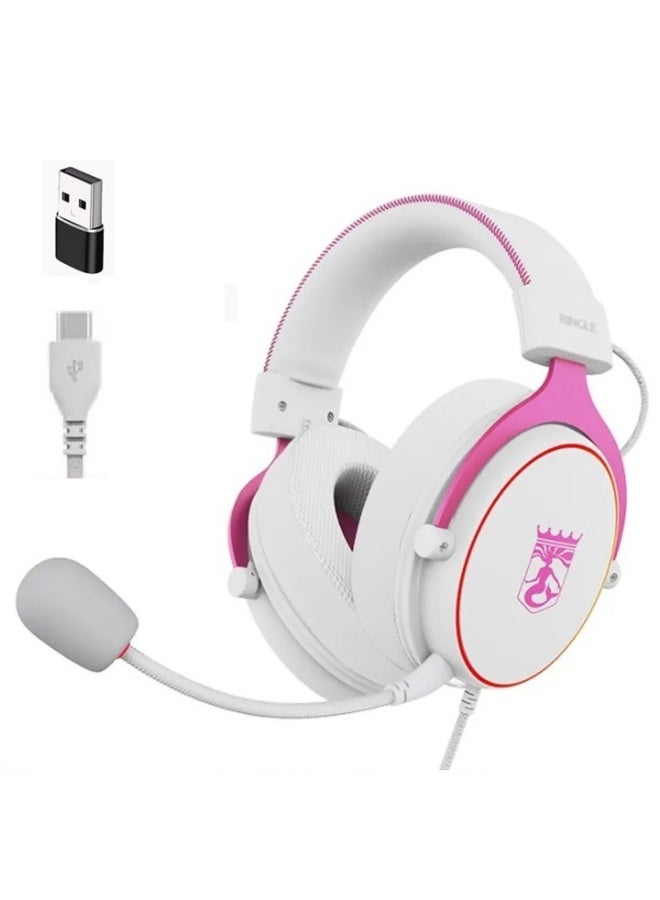 بينجل سماعة ألعاب ليفياثان، منفذ USB من النوع C / USB - صوت محيطي افتراضي 7.1 - ميكروفون قابل للفصل بخاصية إلغاء الضوضاء - وحدة تشغيل ديناميكية 53 مم - وسادات أذن مريحة وجيدة التهوية - متوافقة مع الهواتف المحمولة، وأجهزة الكمبيوتر، وأجهزة Xbox، وPS 4/5 | أبيض/وردي - Image 1